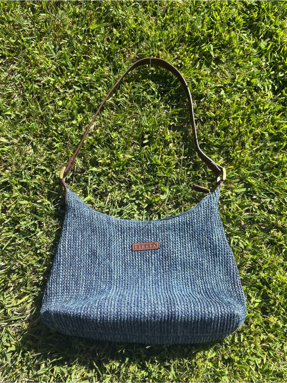 Strada Denim Blue Woven Shoulder Bag with Brown Leather Strap